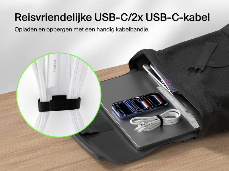 De Belkin BoostCharge Pro gevlochten USB-C/2x USB-C-kabel kan gemakkelijk compact worden opgeborgen en meegenomen voor gemakkelijk opladen met tot 140 W wanneer je op reis bent.